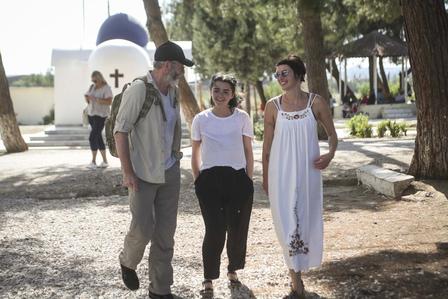 Liam Cunningham, Maisie Williams &amp; Lena Headey visiting IRC programs at Diavata refugee site in northern Greece.