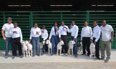 Goat Project 4-H Youth present ribbons won standing with goats Goat Project 4-H Youth present ribbons won standing with goats