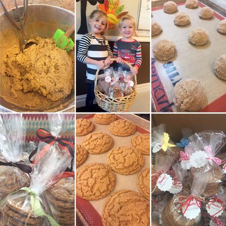 Collage of six photos showing baking efforts of young girls fundraising for refugees served by the IRC in Salt Lake City. Pictures show cookies giftwrapped in plastic, cookie dough, cookies on baking sheets, and the two girls smiling with a full basket. 