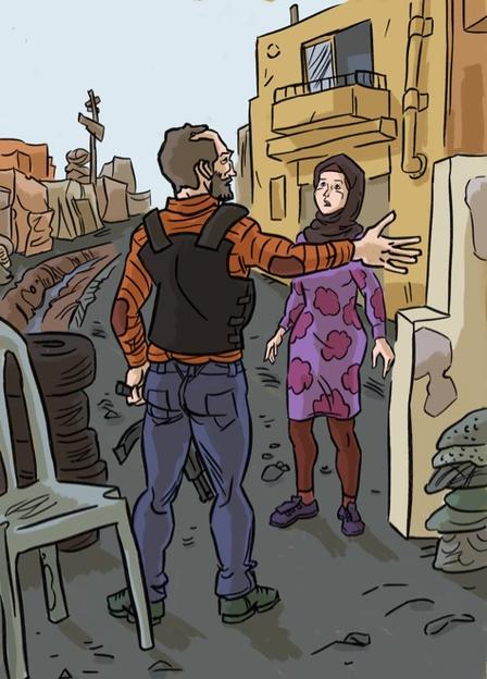 in a scene from the comic book, Hala is confronted by a checkpoint guard An illustration of the character Hala being stopped at a checkpoint by a guard