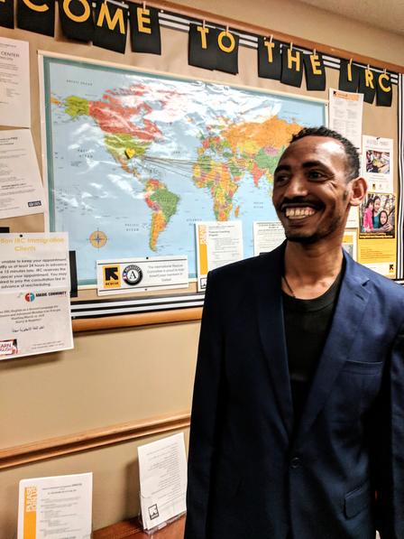 Tolassa visits the IRC in Dallas. Tolassa in Dallas.