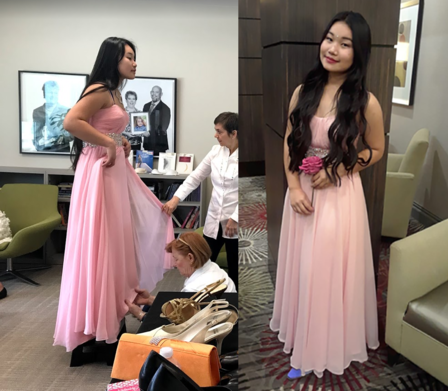 Left: Paw Lweh getting fitted for her dress. Right: Paw Lweh at her JROTC ball. Left: Paw Lweh getting fitted for her dress. Right: Paw Lweh at her JROTC ball.