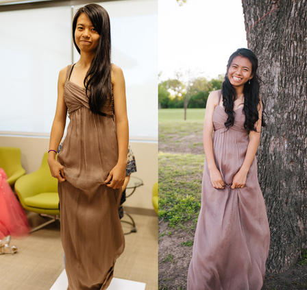 Left: Bae Shae trying on her dress. Right: Bae Shae on Prom day. Left: Bae Shae trying on her dress. Right: Bae Shae on Prom day.
