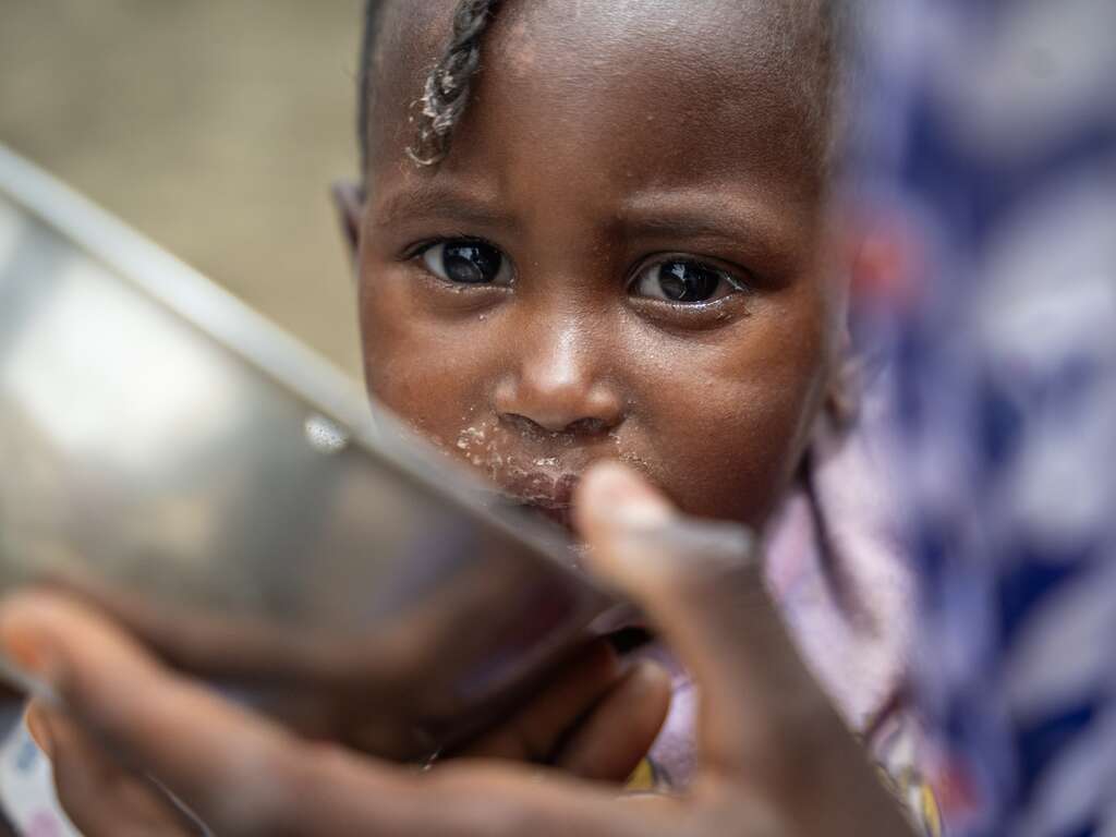A little girl looks straight at the camera with a steel bowl in the foreground
