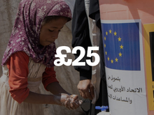 A child washing her hands with the text "£25" overlaid.