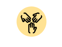 Three hands reaching towards a goal icon