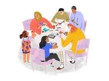 Illustration von mehreren Personen, die zusammen um einen Tisch sitzen und basteln