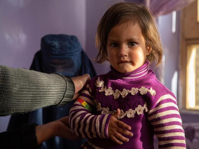 Nazo*, an IRC community health volunteer, measures a child's arms