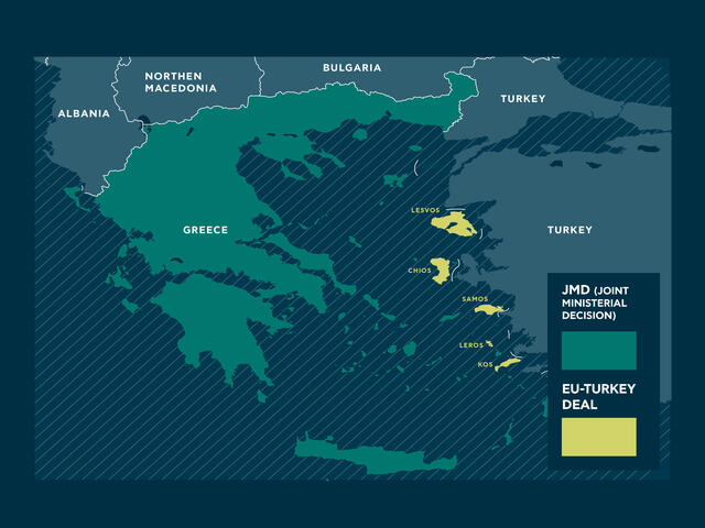 Map highlighting regions where the EU-Turkey statement and JMD apply in Greece