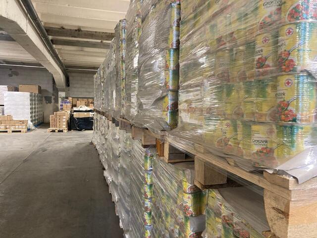 Pallets containing tinned food at a warehouse in Poland