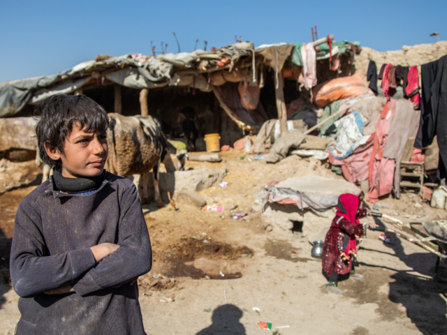 A boy, living in Ghaibi Bala camp in Kabul, Afghanistan, looks on as his mother is interviewed by IRC staff.