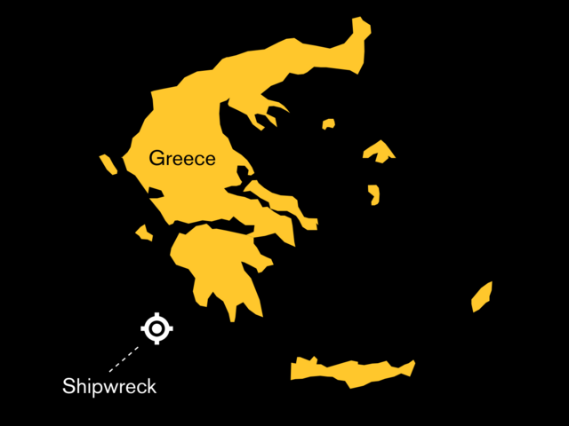 Diagram showing the location of the shipwreck. The area of the wreck is marked approximately 47 nautical miles off  the Greek mainland near the city of Pylos.. 