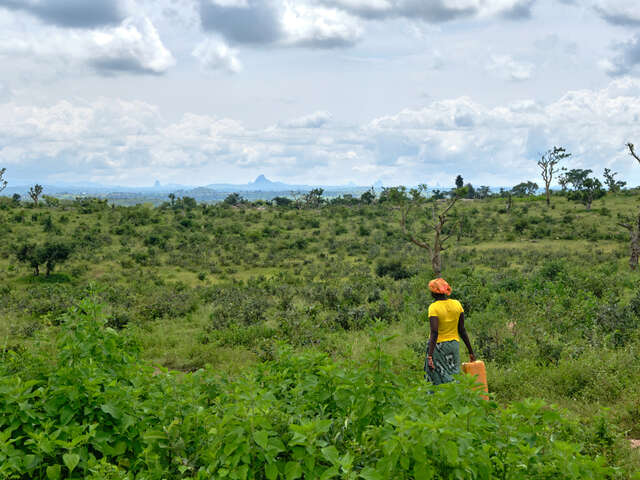 En kvinna går igenom ett stort fält.