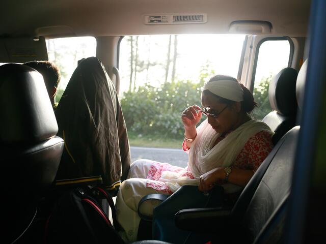 Razia Sultana in a car on her way to Cox's Bazar Bangladesh camp where Rohingya people are living