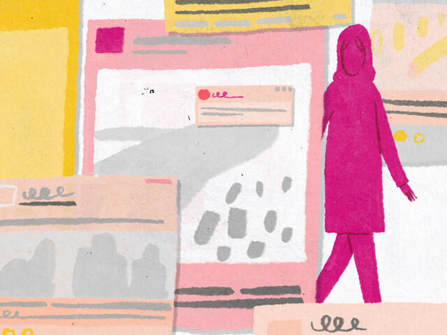 Cartoon animation of newspaper articles and posters with an afghan woman in pink in the background