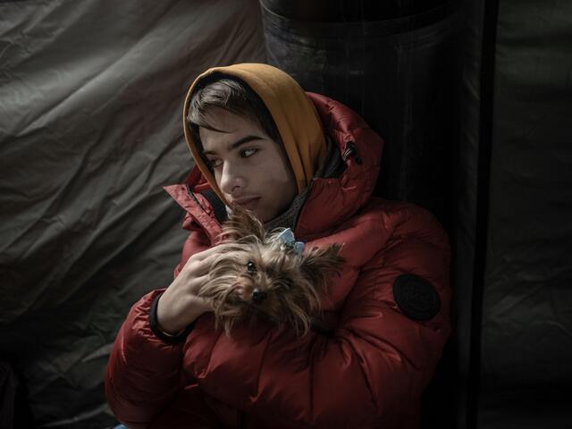 A Ukrainian refugee at Medyka border crossing point in Poland.