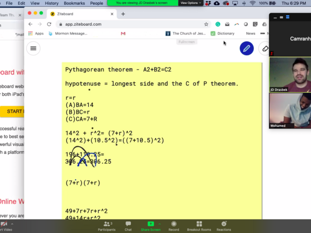 Facebook Messenger and Zoom platform with a mathematics problem on display.