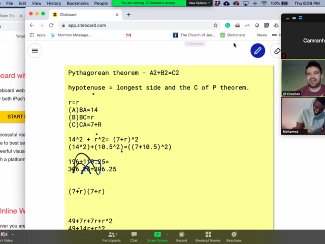 Facebook Messenger and Zoom platform with a mathematics problem on display. 