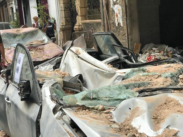 Cars crushed by falling debris during the Aug. 4, 2020 Beirut explosion