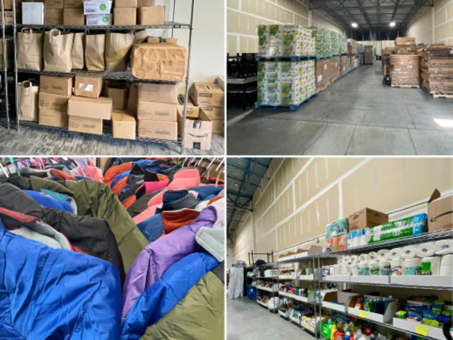 shelving with boxes stored, pallets of bounty paper towels, winter coat racks, and cleaning supply shelving in a warehouse.