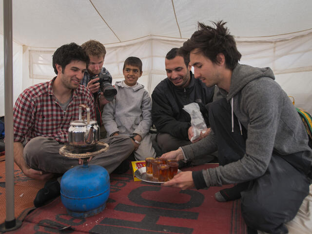 IRC Salam Neighbor team in tent in Zaatari camp