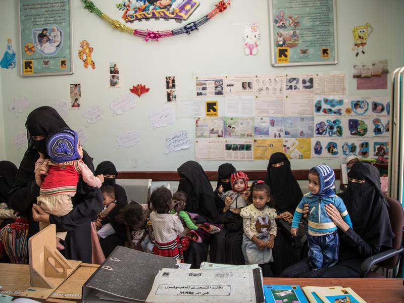 Families an an IRC-supported health clinic in Sana'a, Yemen: 13 million people in Yemen are at risk of starvation, according to the United Nations. Mothers bring their children for treatment at an IRC-supported health clinic in Sana'a.