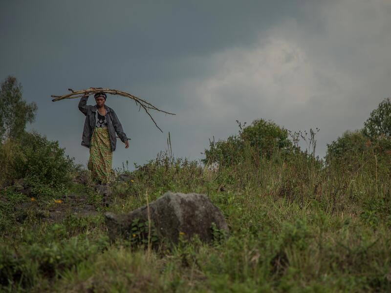 Members of an IRC-supported community organization in the DRC grow crops to sell and share the income to grow their businesses or help their kids pay school fees. Against a lush green landscape, a woman walks carrying large sticks over her head.