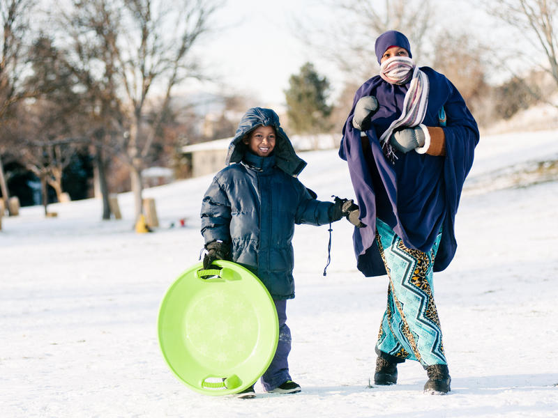 Son and mother at a park in Boise Naima with her eight-year-old son Muhammed