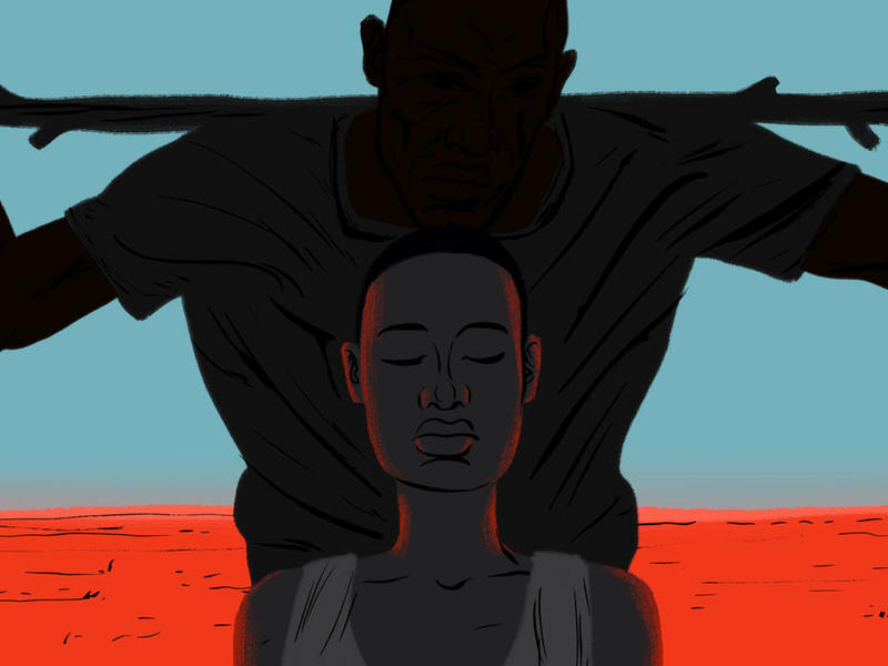A girl faces violence in South Sudan. Illustration by Paul Blow. Illustration of a man preparing to beat a girl he has taken as his wife