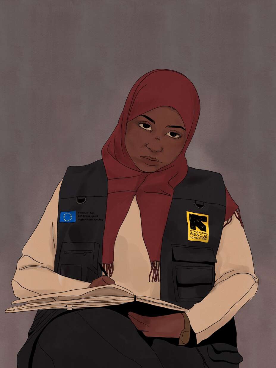 Aya looks at her work notes, in her IRC and EU branded uniform.