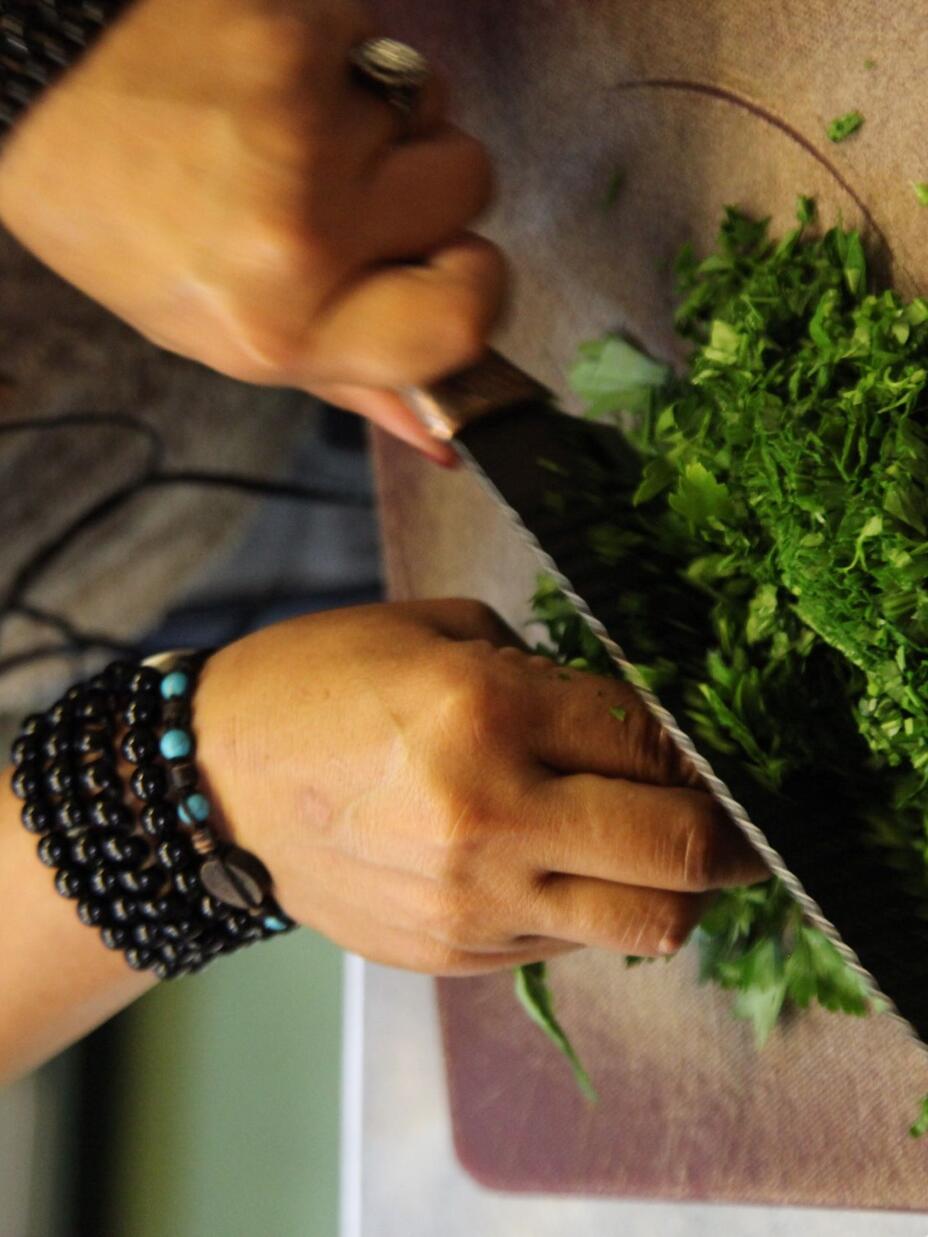 Close-up of vegetables being chopped