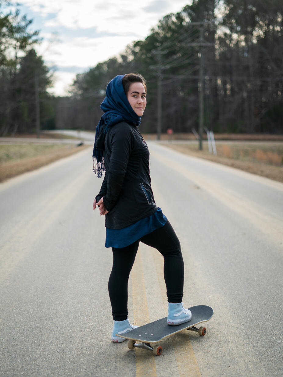 Belqisa on her skateboard