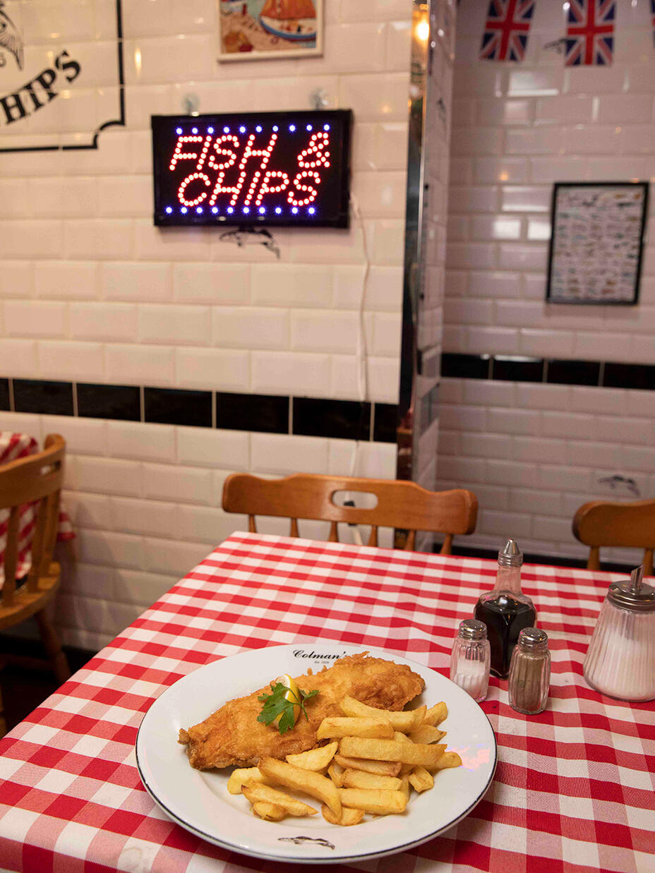 fish and chips in a fish and chip shop