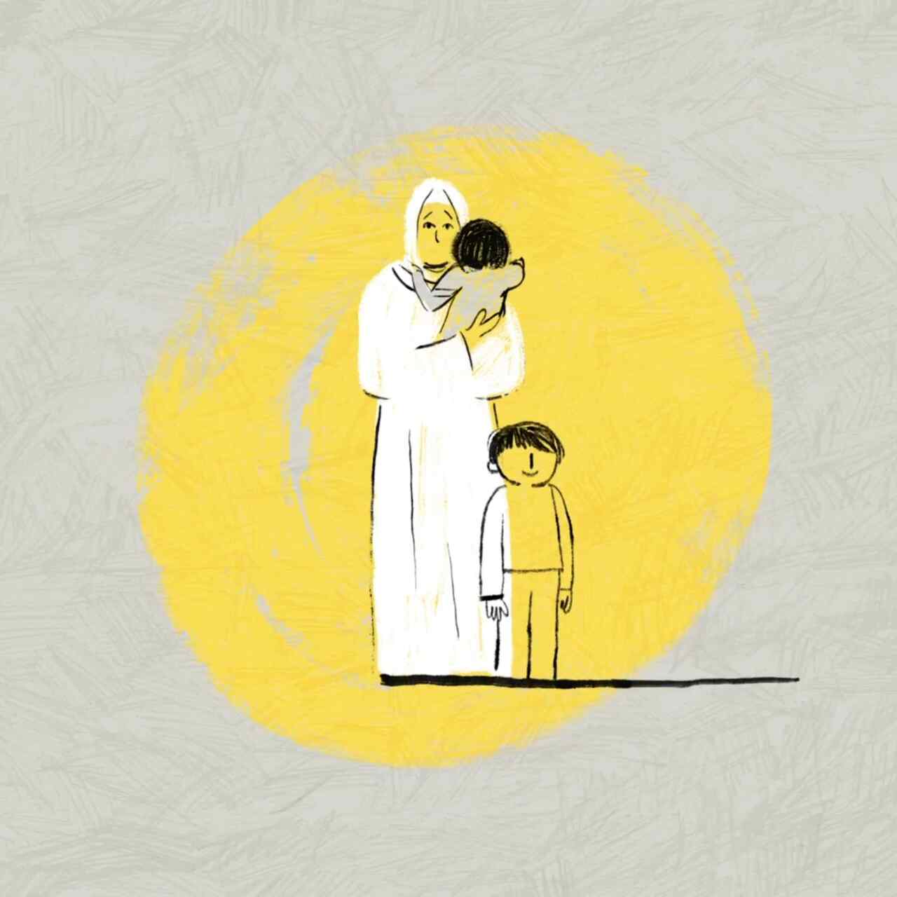 Illustration of Samira and her two small children