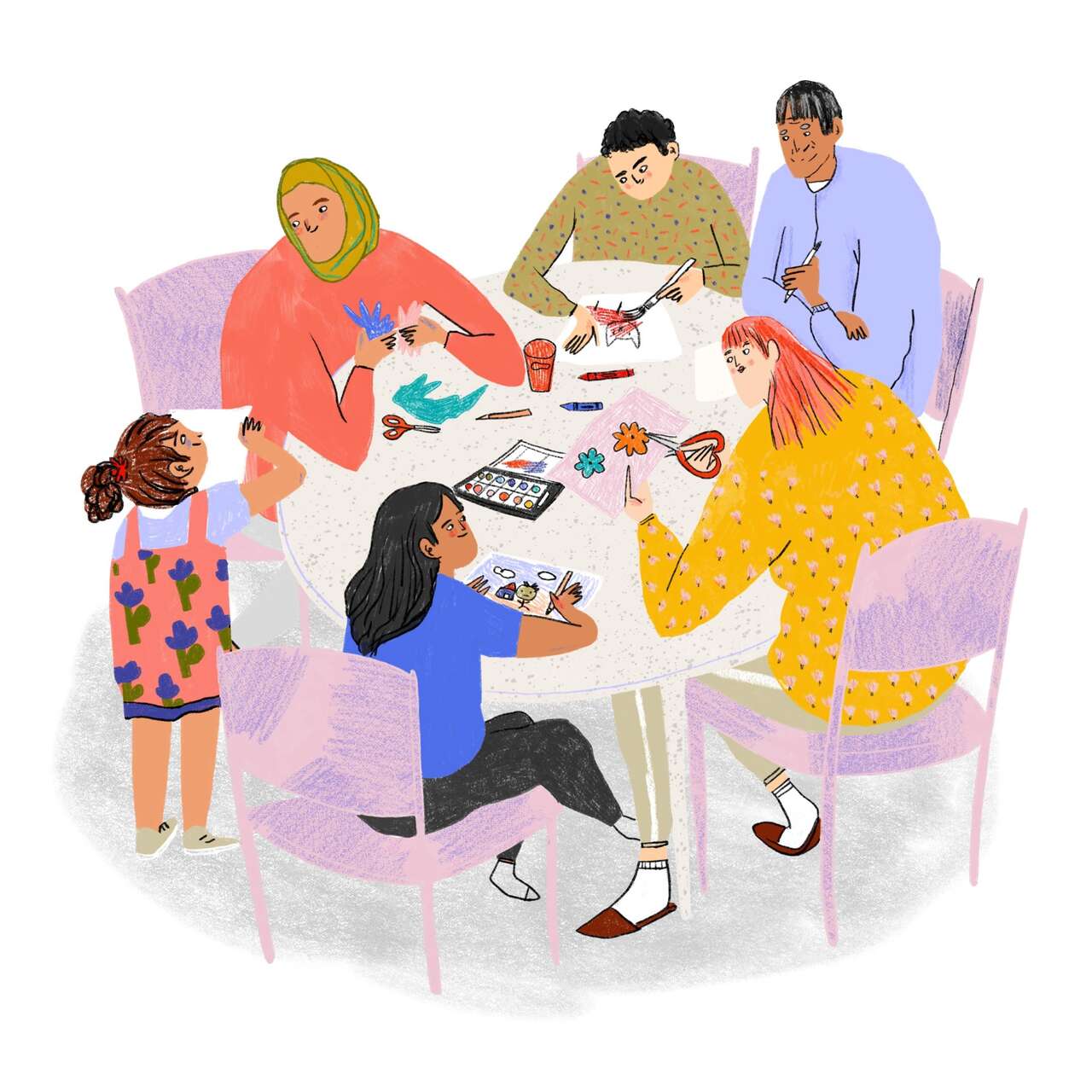 Illustration von mehreren Personen, die zusammen um einen Tisch sitzen und basteln