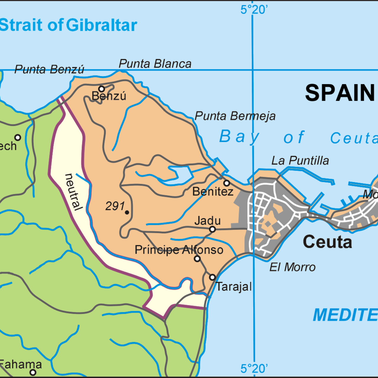 A map showing the neutral zone between Ceuta (A Spanish city in northern Africa) and Morocco 