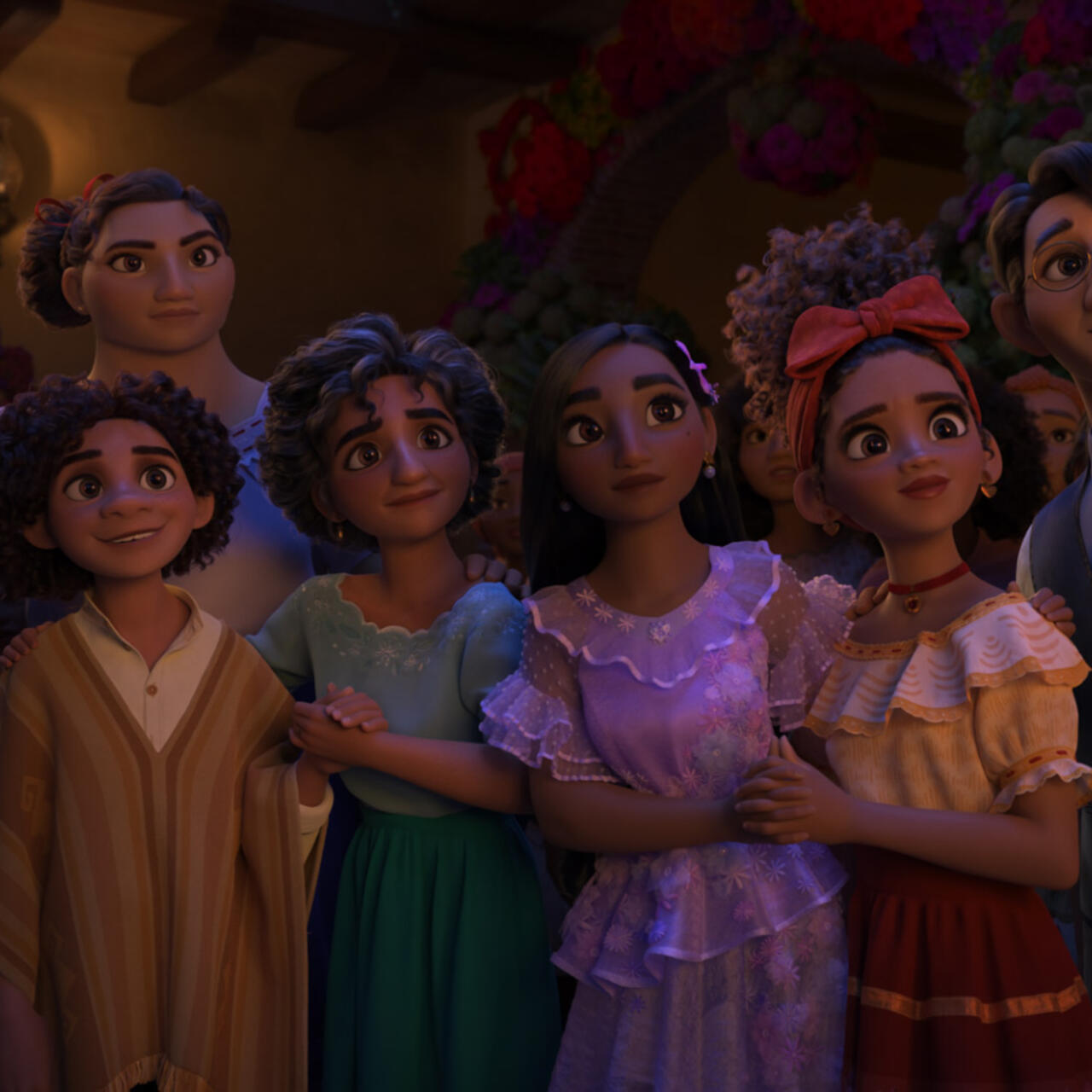 The Madrigals, Luisa, Camilo, Julieta, Isabela, Dolores and Agustín, stand together looking at something off screen. 