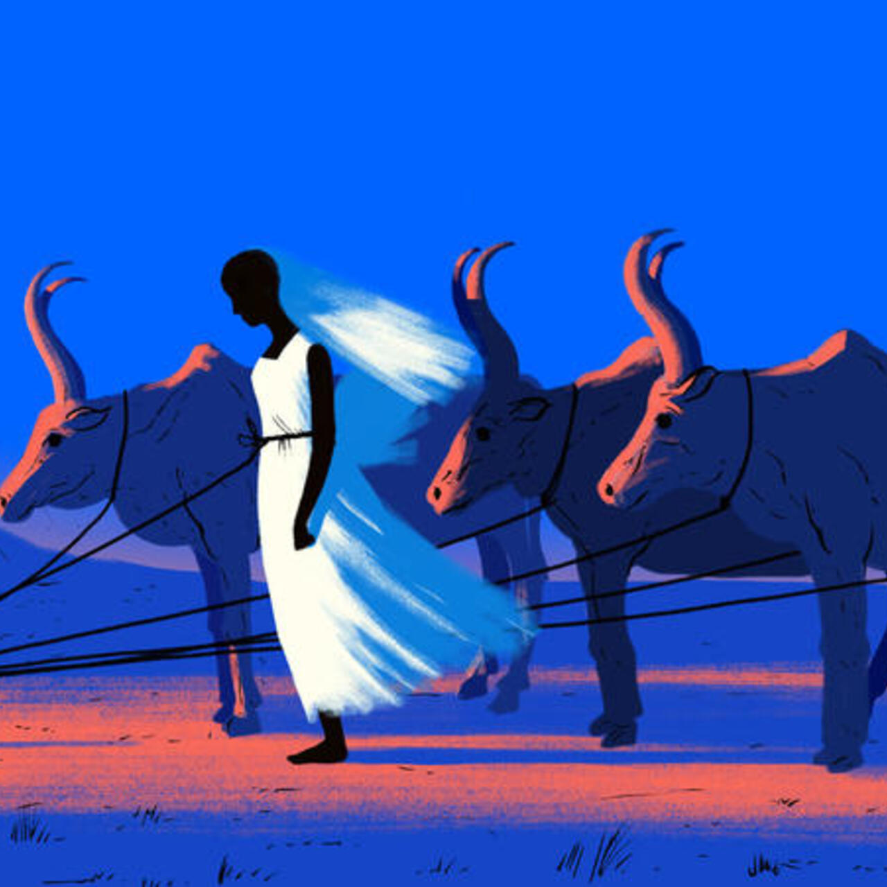 Illustration of a girl standing tethered alongside cattle