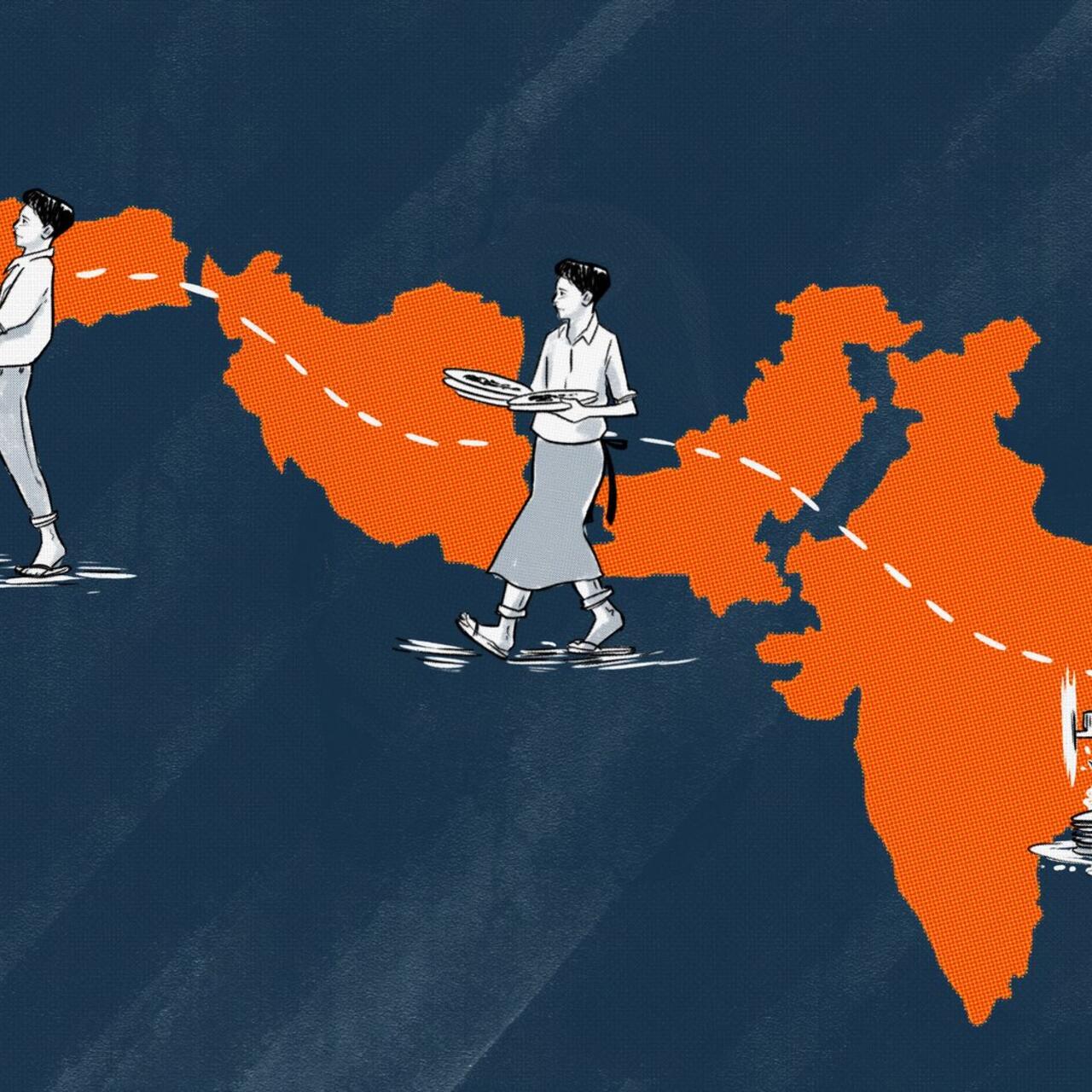Illustration showing Bahar traveling across many countries, working in hopes to find safety. 