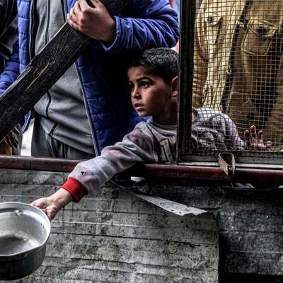 A boy leans out through a metal grille window, holding an empty pot at arm's length, waiting in line with other displaced Palestinians in Rafah