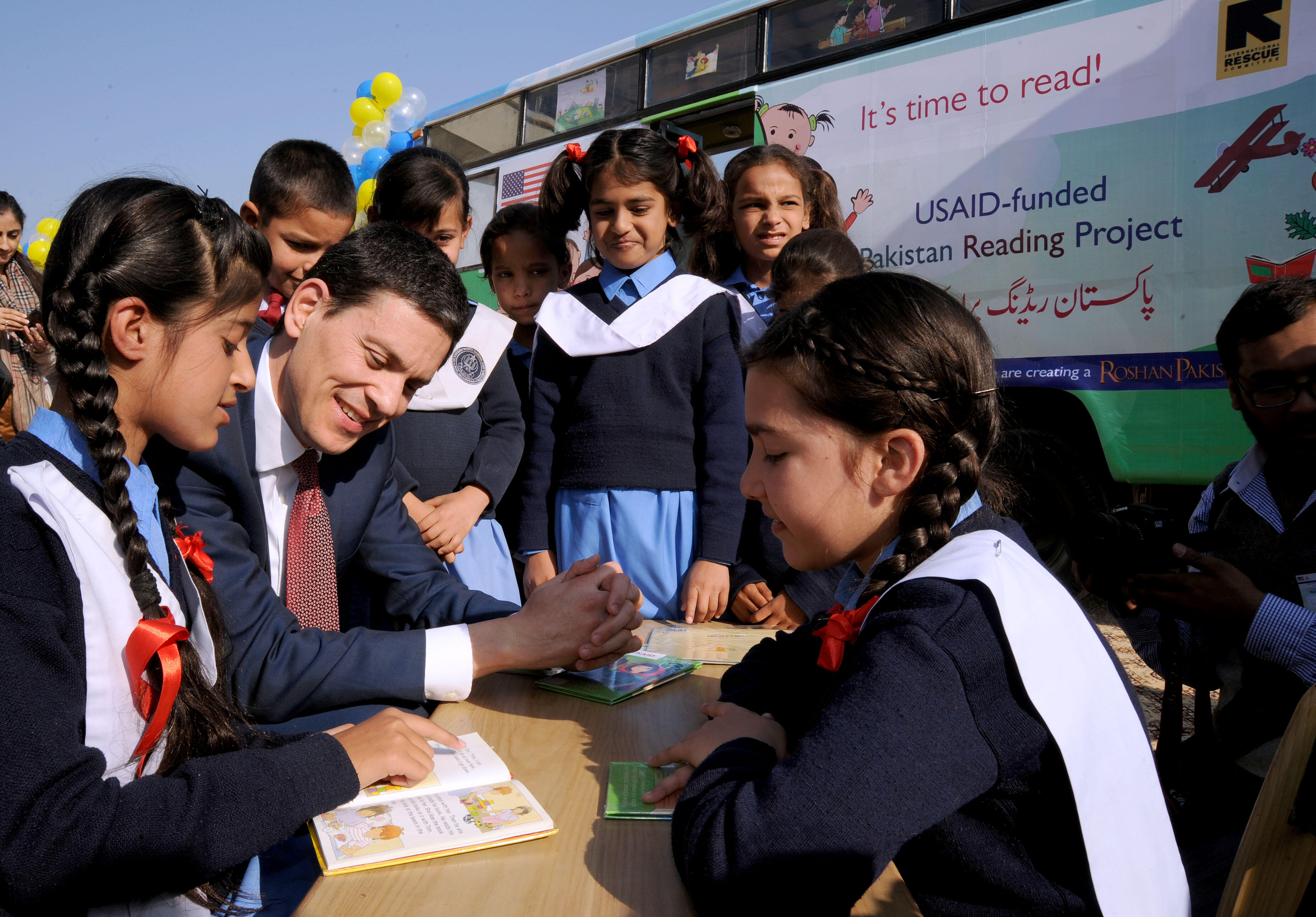 Reading session with students from the Islamabad Model School during the inauguration of the mobile library program.