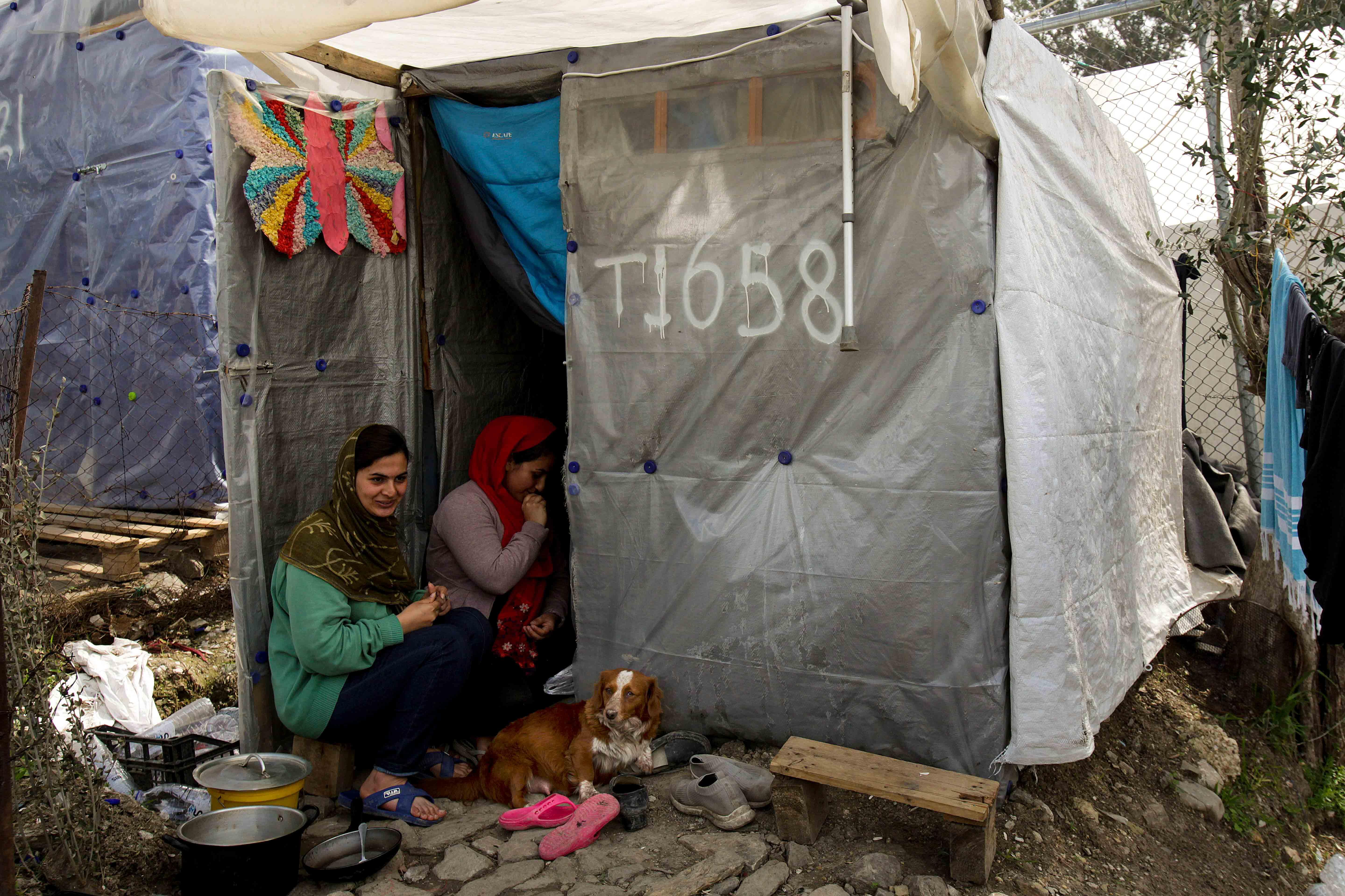 Zwei geflüchtete Frauen sitzen mit ihrem Hund vor einem Zelt im Flüchtlingslager auf der griechischen Insel Lesbos