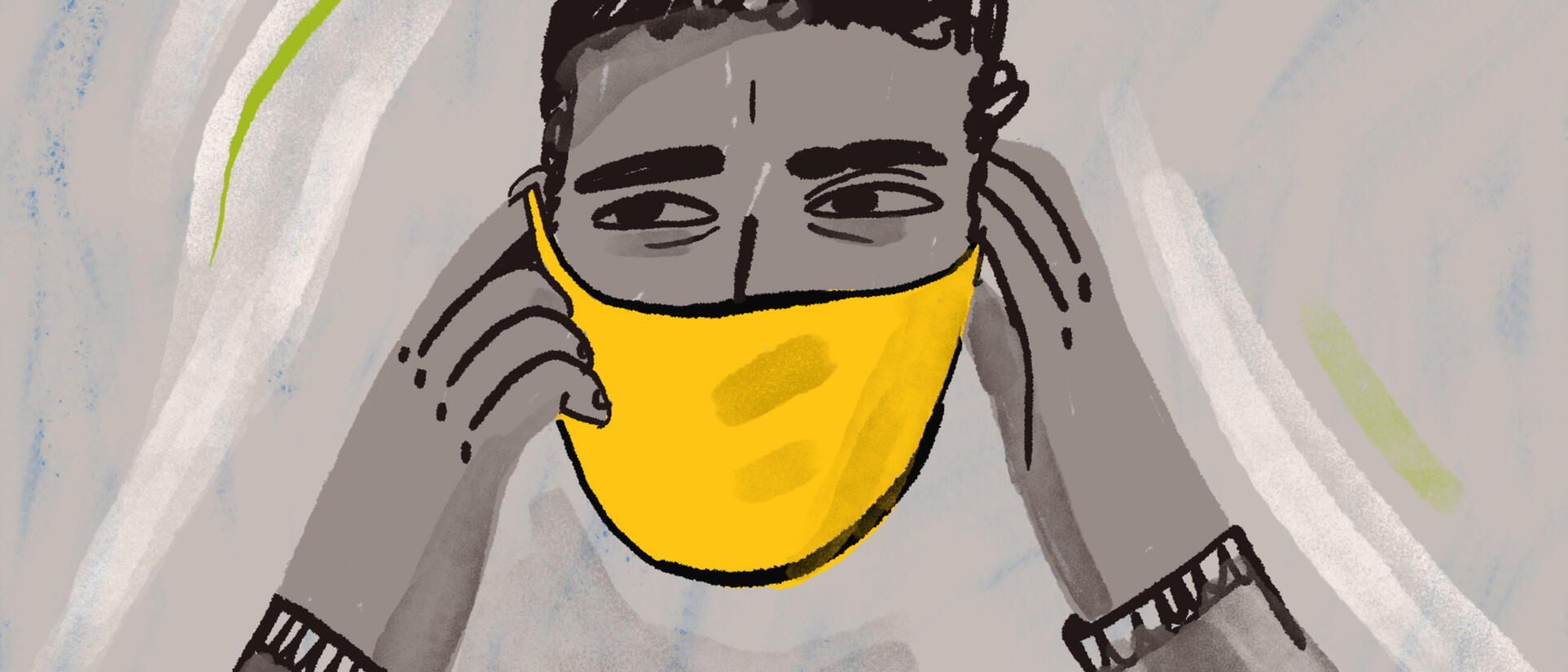 llustration: Hassan trägt einen gelben Mund-Nasen-Schutz