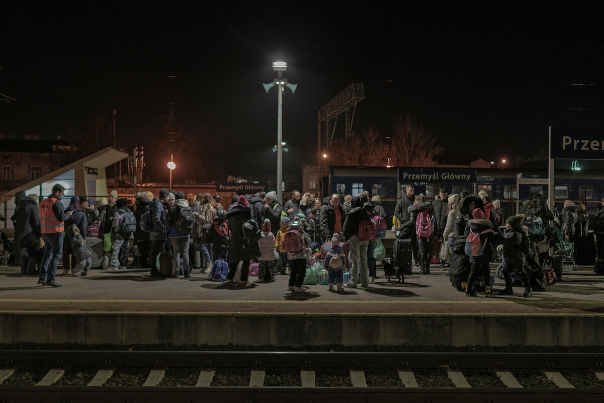 Ukrainian refugees gather at Przemysl railway station