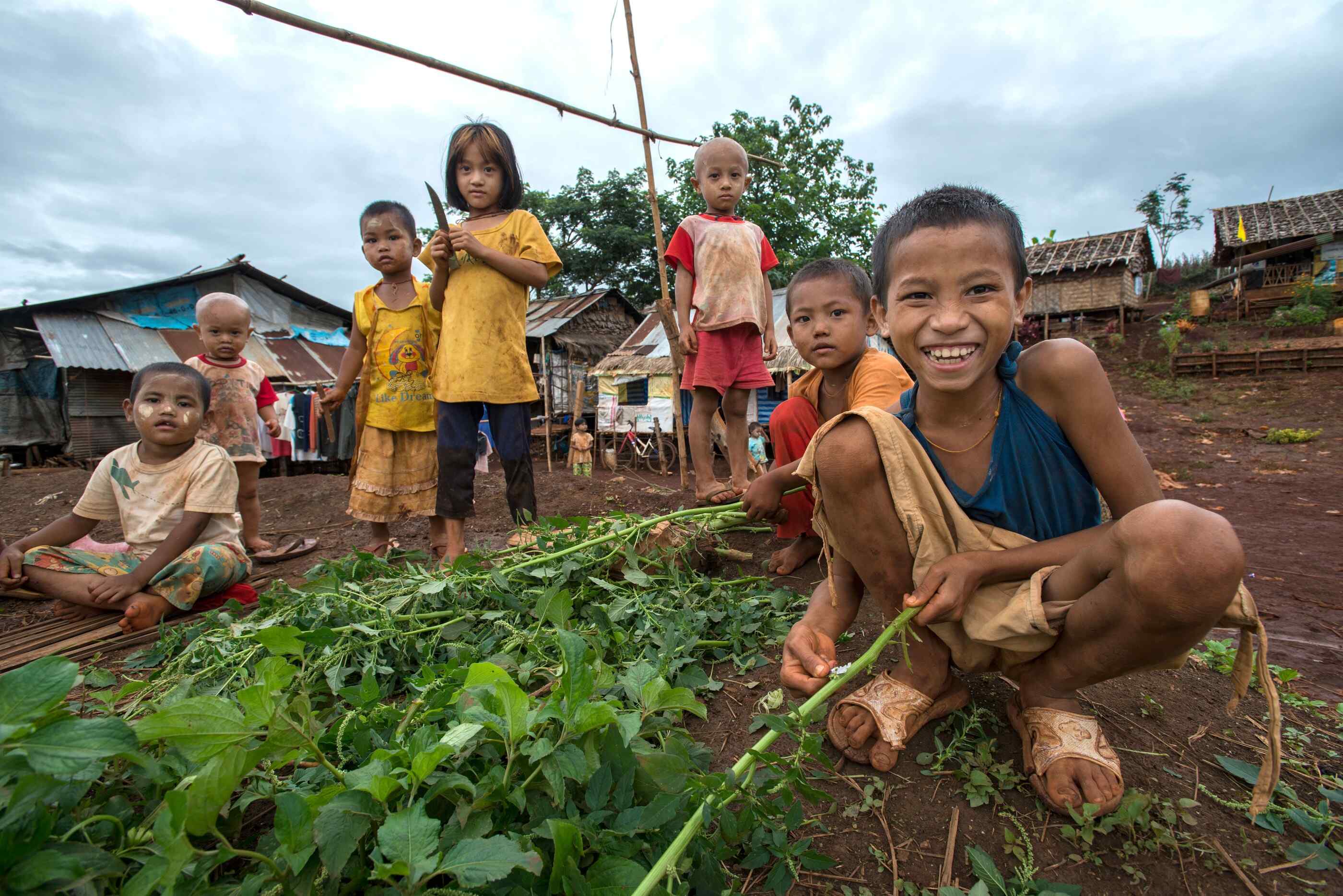 Young children outside surround a small garden in a settlement for migrant workers.