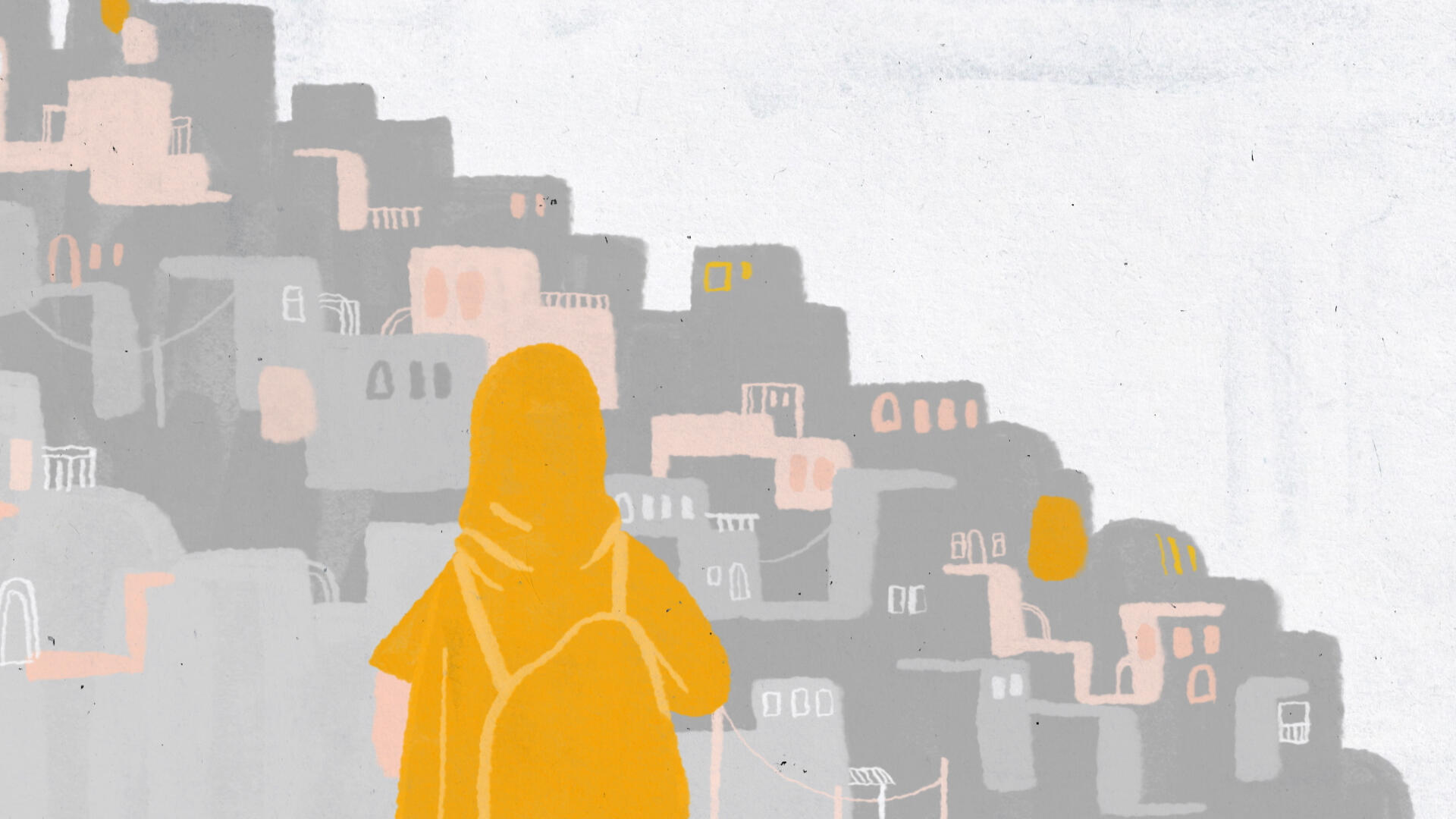 Animation of a girl dressed in orange staring out at a city in grey and pink colours
