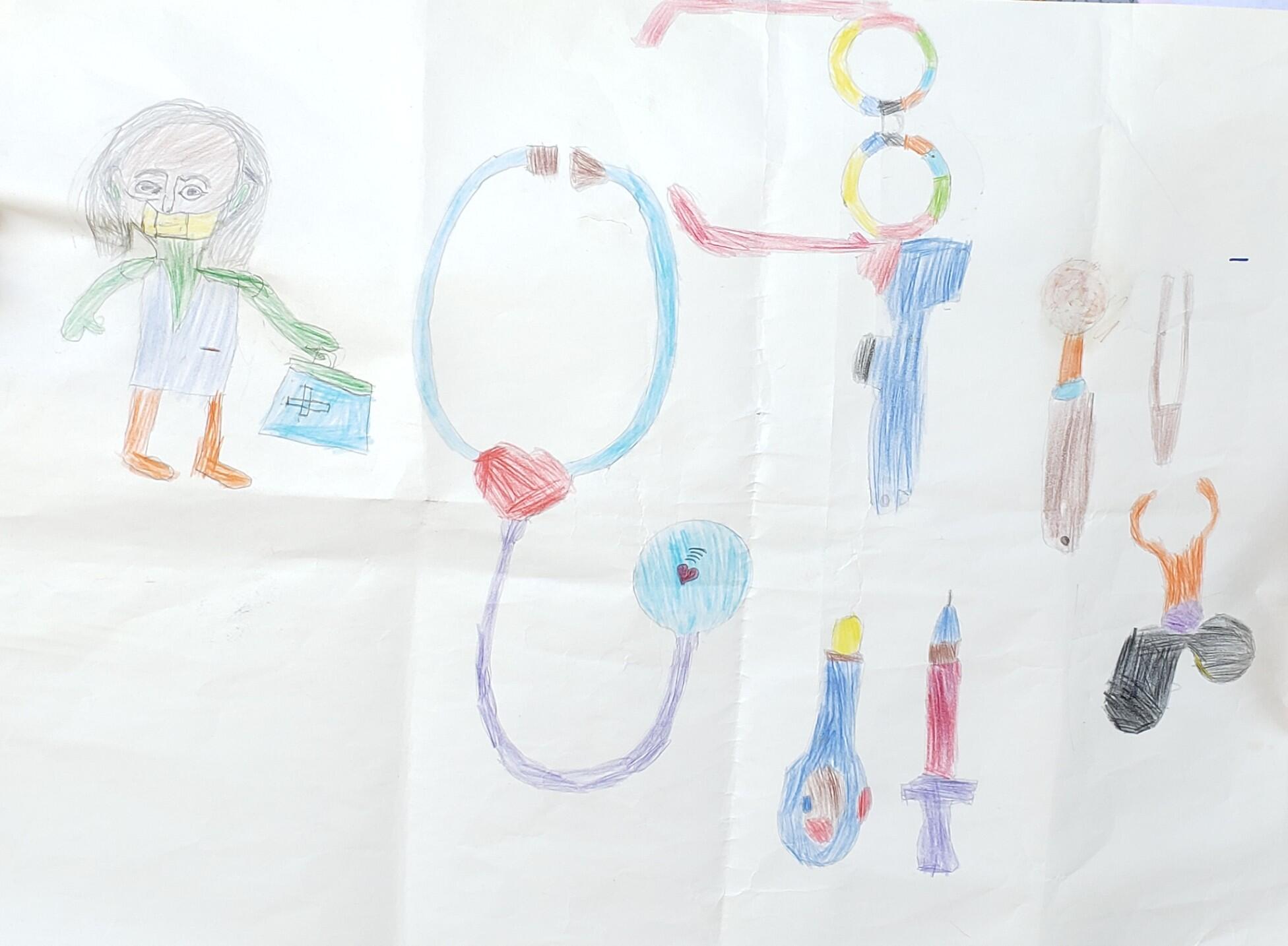 Eight-year-old Delina's drawing of a doctor and her instruments, including a stethoscope and a syringe