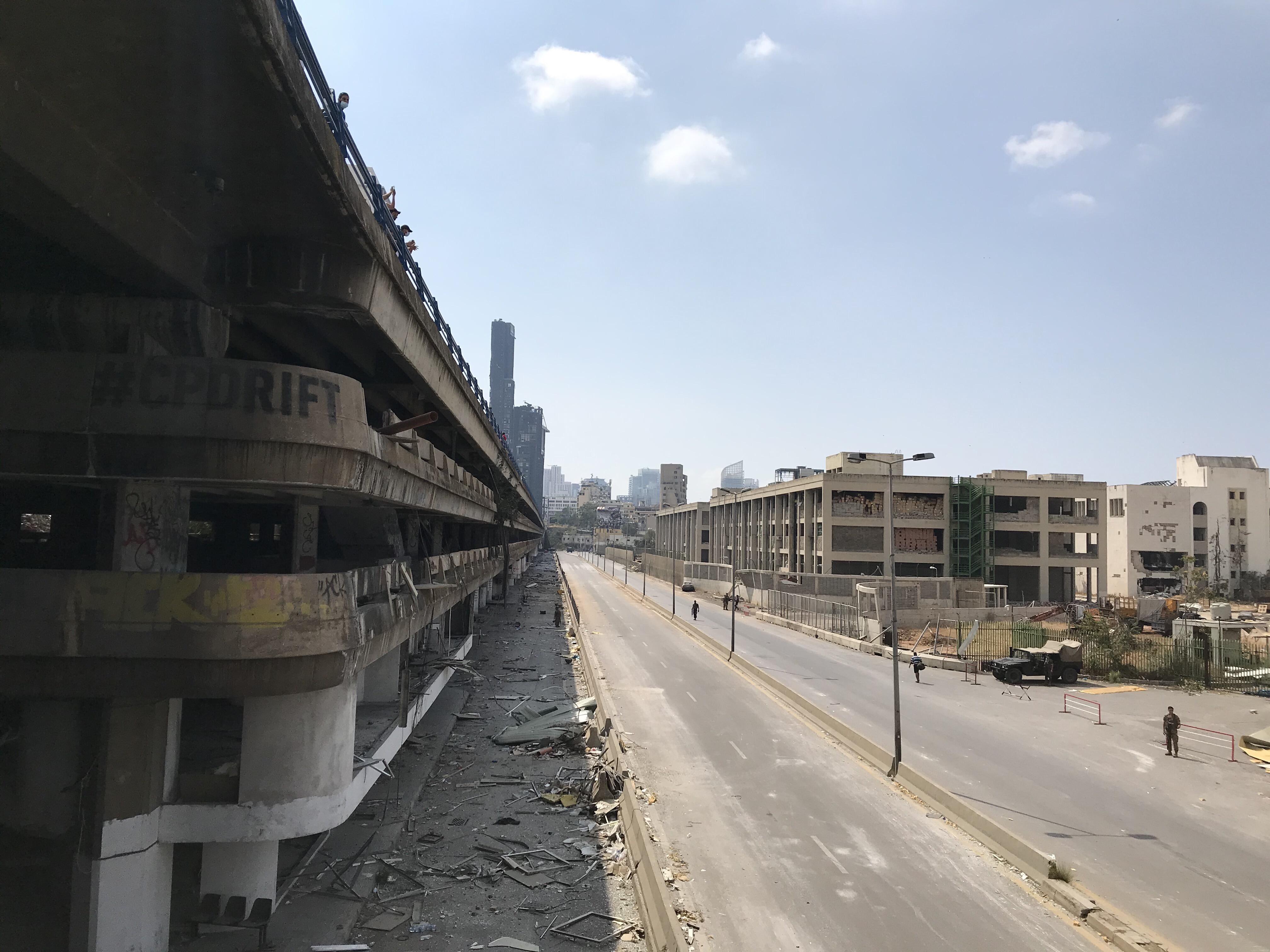 A scene of destruction at the Helo Bridge shortly after the Aug. 4, 2020 explosion in Beiruts port area 