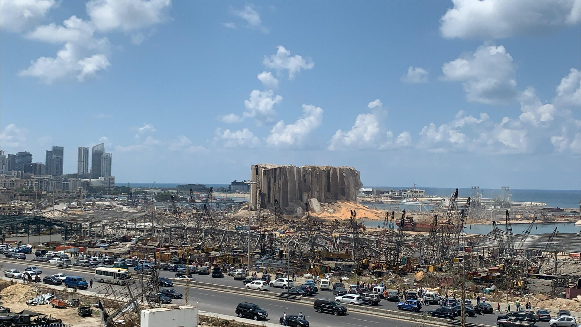 Destroyed buildings and grain siloes at the port of Beirut, Lebanon in the wake of the August 4, 2020 explosion 