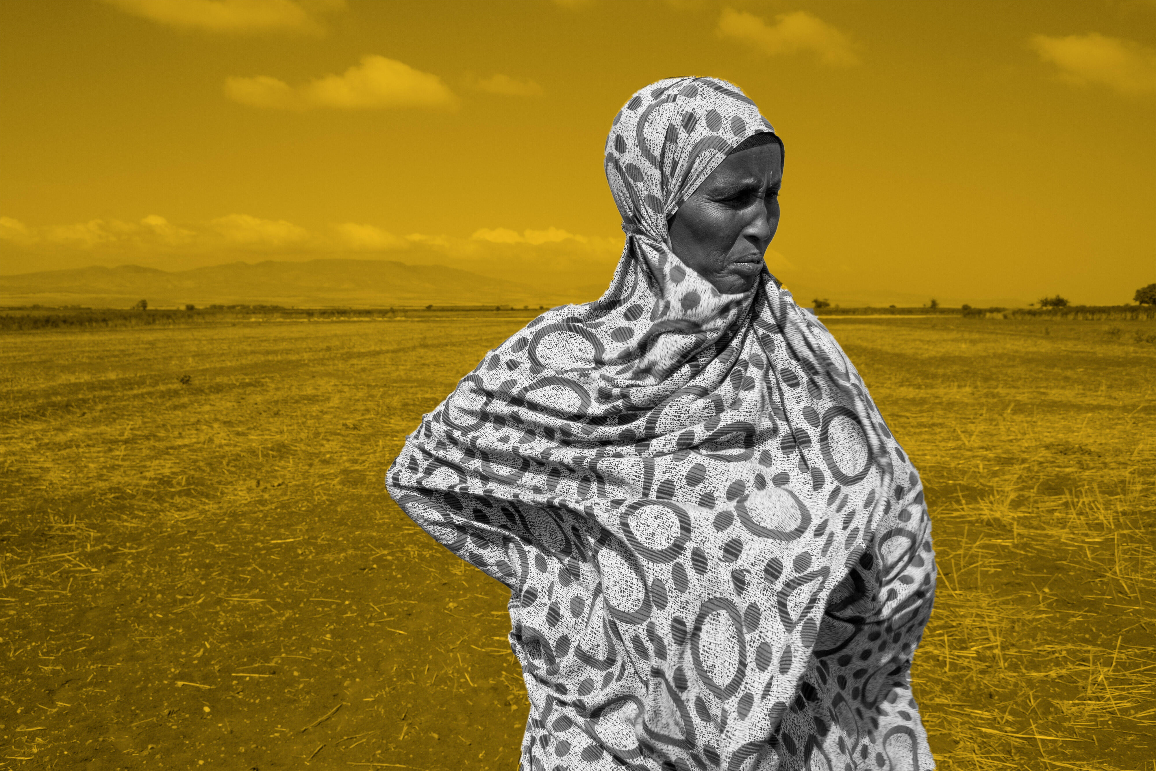 An elderly woman stands, hands on hips,  in a dry field in Ethiopia during a drought.